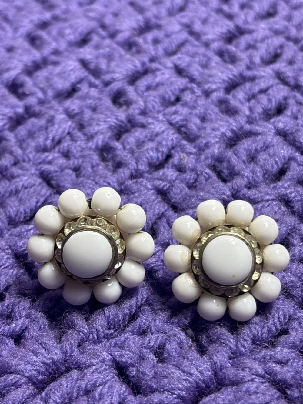 Vintage Western Germany Milk Glass Rhinestone Halo Screw Back Earrings 1 inch